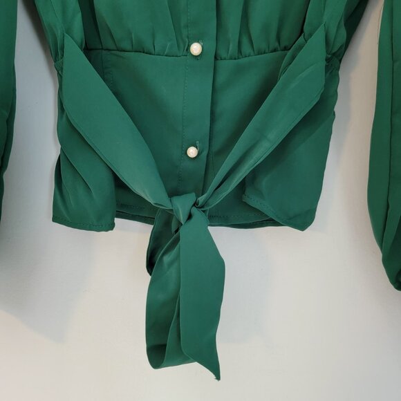 Lulumari Top Size S Green Pearl Embellished Neck And Buttons Career Classic - Picture 5 of 11